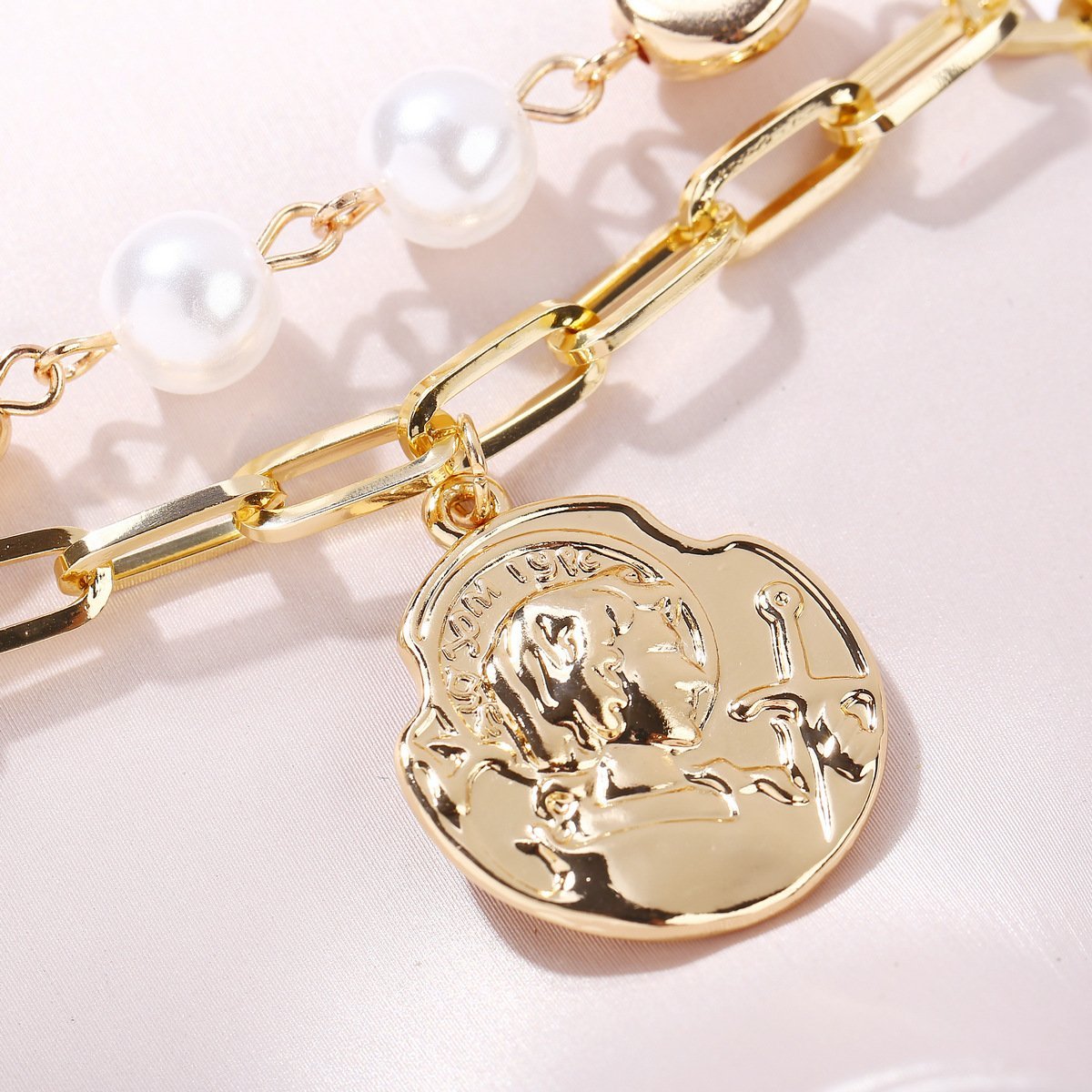 2 Piece Pearl Coin Head Necklace Goldtone Necklace ITALY Design