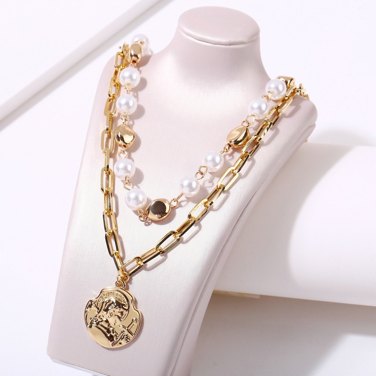 2 Piece Pearl Coin Head Necklace Goldtone Necklace ITALY Design