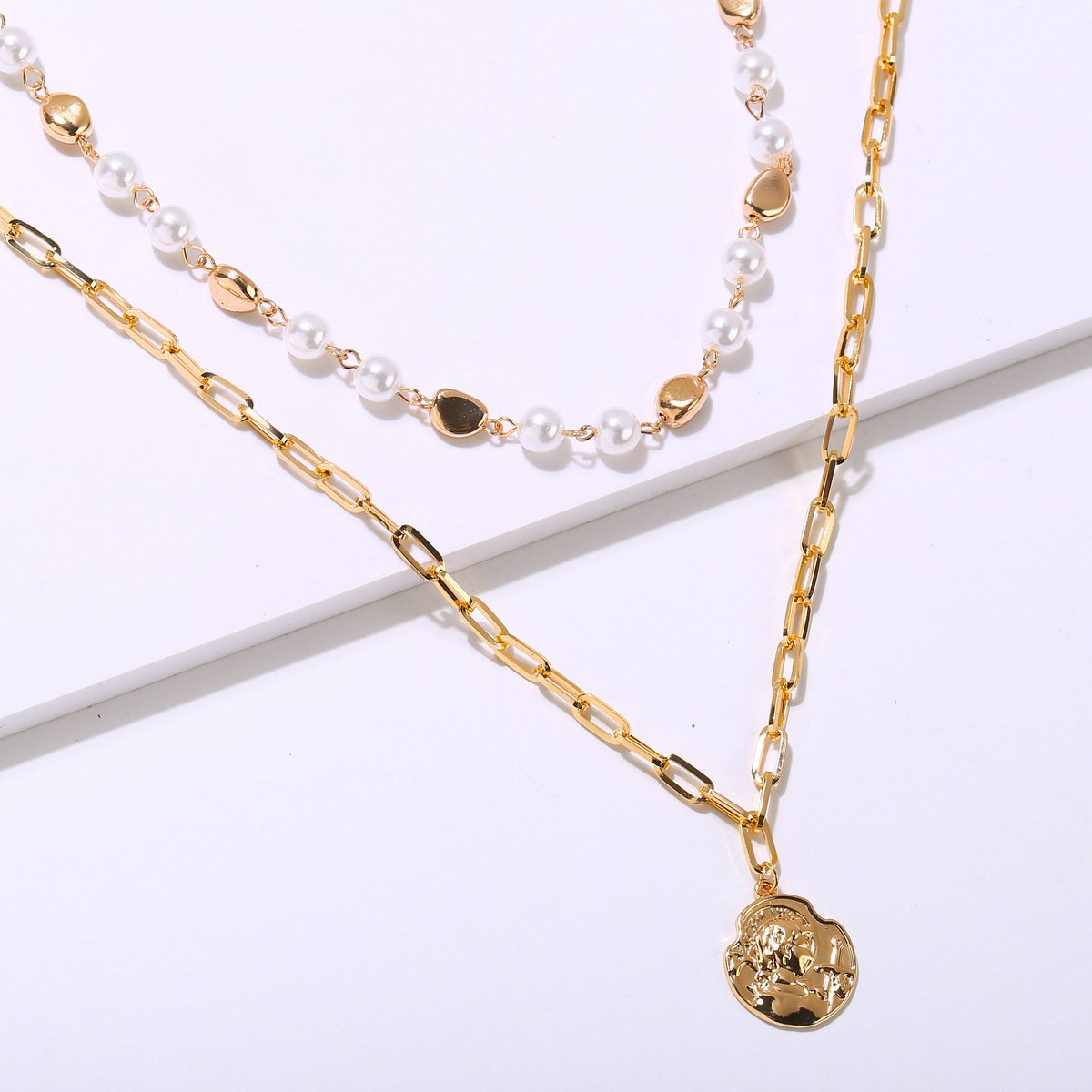 2 Piece Pearl Coin Head Necklace Goldtone Necklace ITALY Design