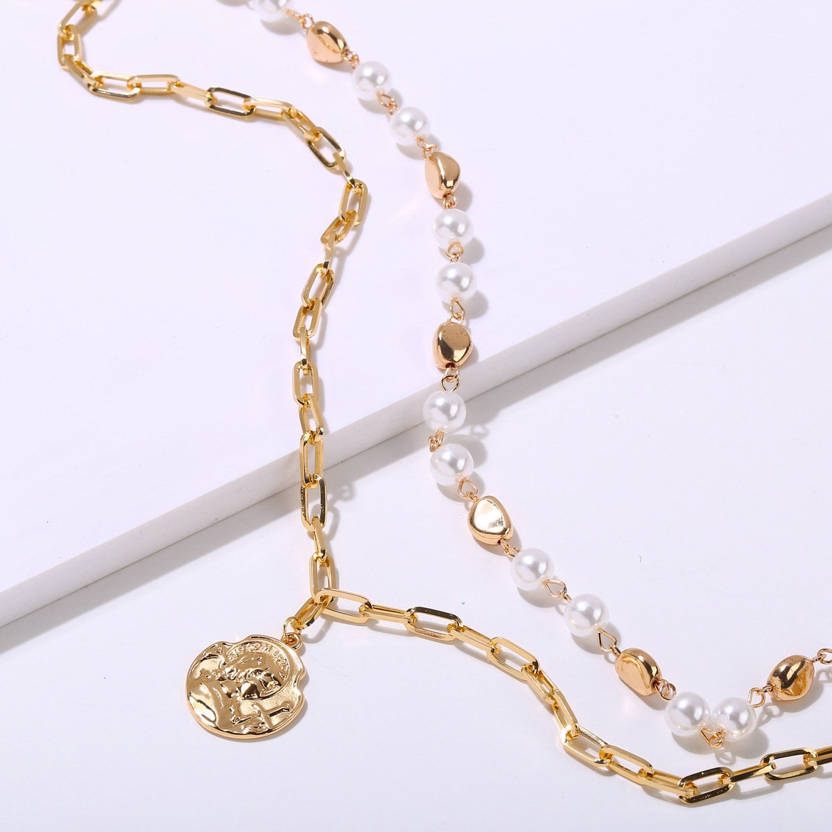2 Piece Pearl Coin Head Necklace Goldtone Necklace ITALY Design
