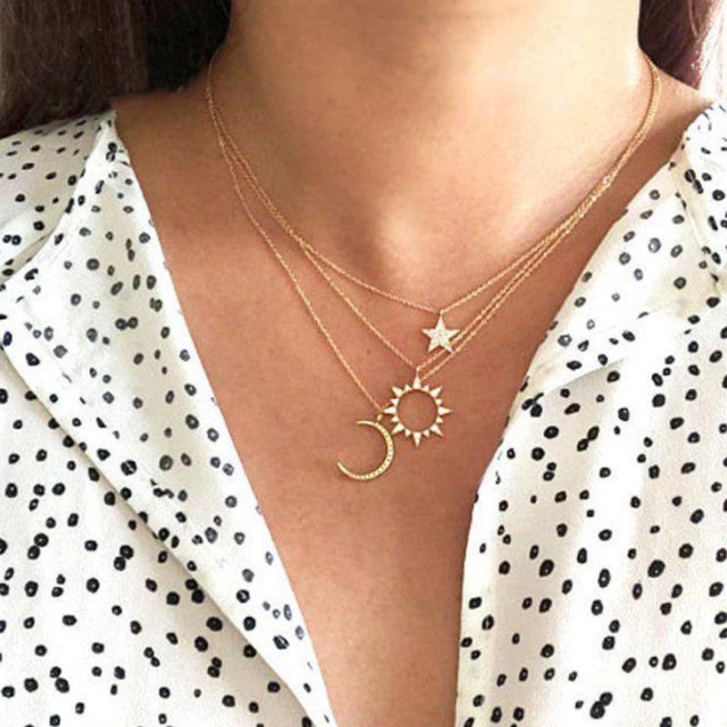 3 Piece Celestial Pave Necklace With Gemstone  Crystals Goldtone Necklace