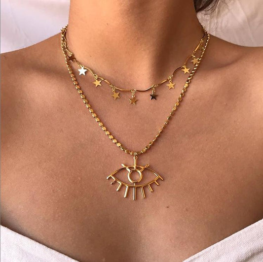 2 Piece Star and Eye Layer Necklace Goldtone Necklace in Goldtone ITALY Design