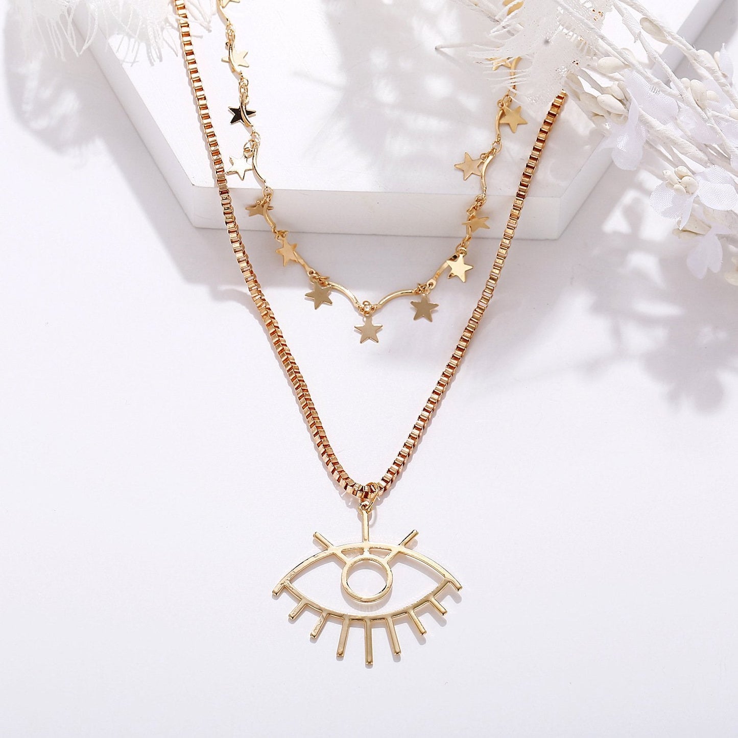 2 Piece Star and Eye Layer Necklace Goldtone Necklace in Goldtone ITALY Design