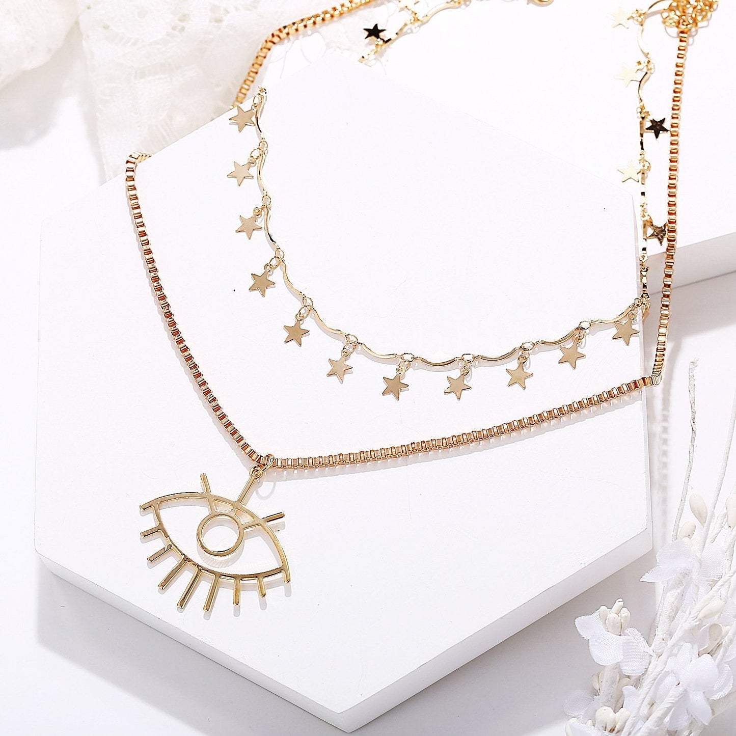 2 Piece Star and Eye Layer Necklace Goldtone Necklace in Goldtone ITALY Design