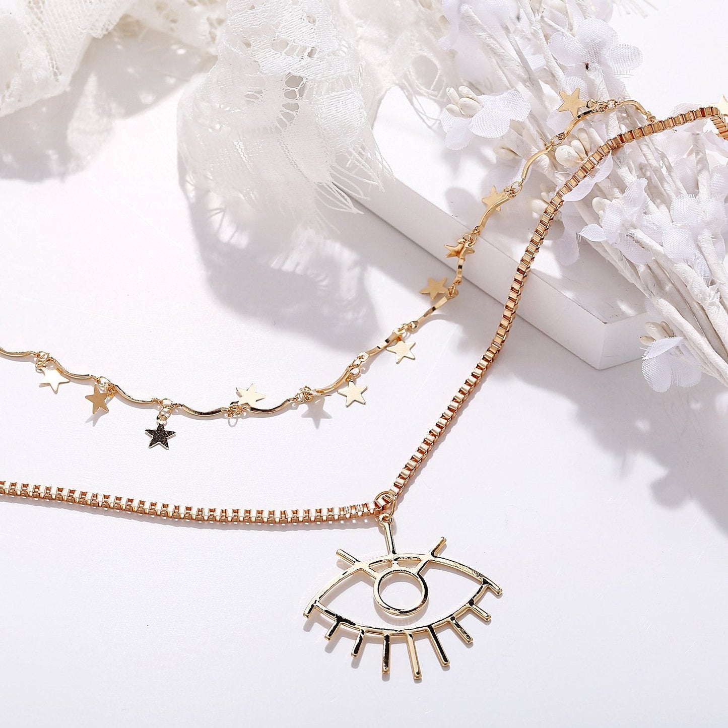 2 Piece Star and Eye Layer Necklace Goldtone Necklace in Goldtone ITALY Design