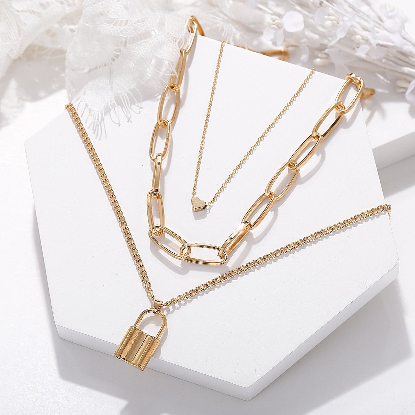 Heart Chain Lock Necklace Goldtone Necklace in Goldtone ITALY Design
