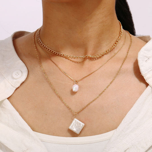 3 Piece Pearl Linear Chain Necklace in Goldtone ITALY Design
