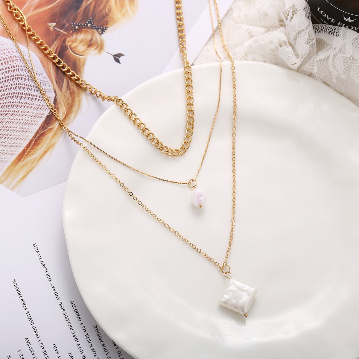 3 Piece Pearl Linear Chain Necklace in Goldtone ITALY Design