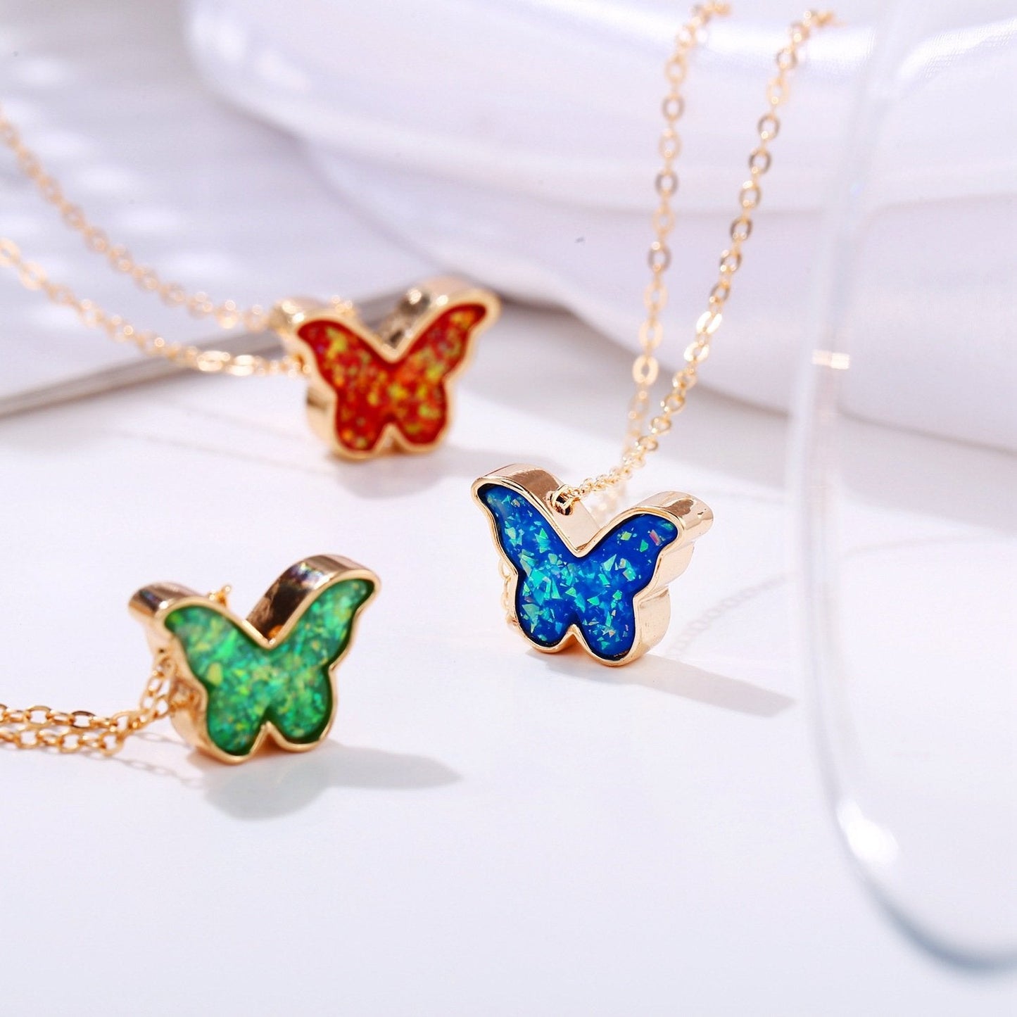 Opal Created Butterfly-Turquoise Goldtone Necklace in Goldtone ITALY Design