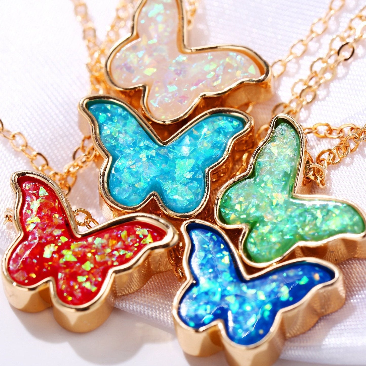Opal Created Butterfly-Turquoise Goldtone Necklace in Goldtone ITALY Design