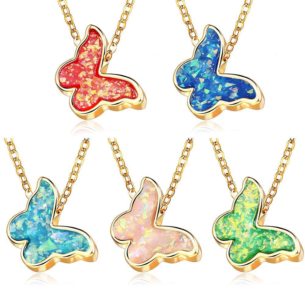 Opal Created Butterfly-Turquoise Goldtone Necklace in Goldtone ITALY Design