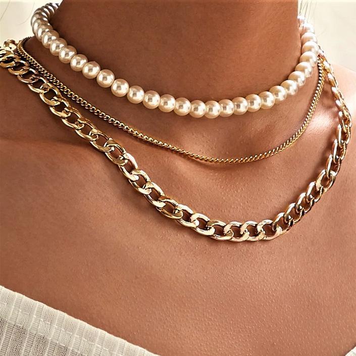 Pearl and Curb 3 Piece Layer Goldtone Necklace in Goldtone ITALY Design