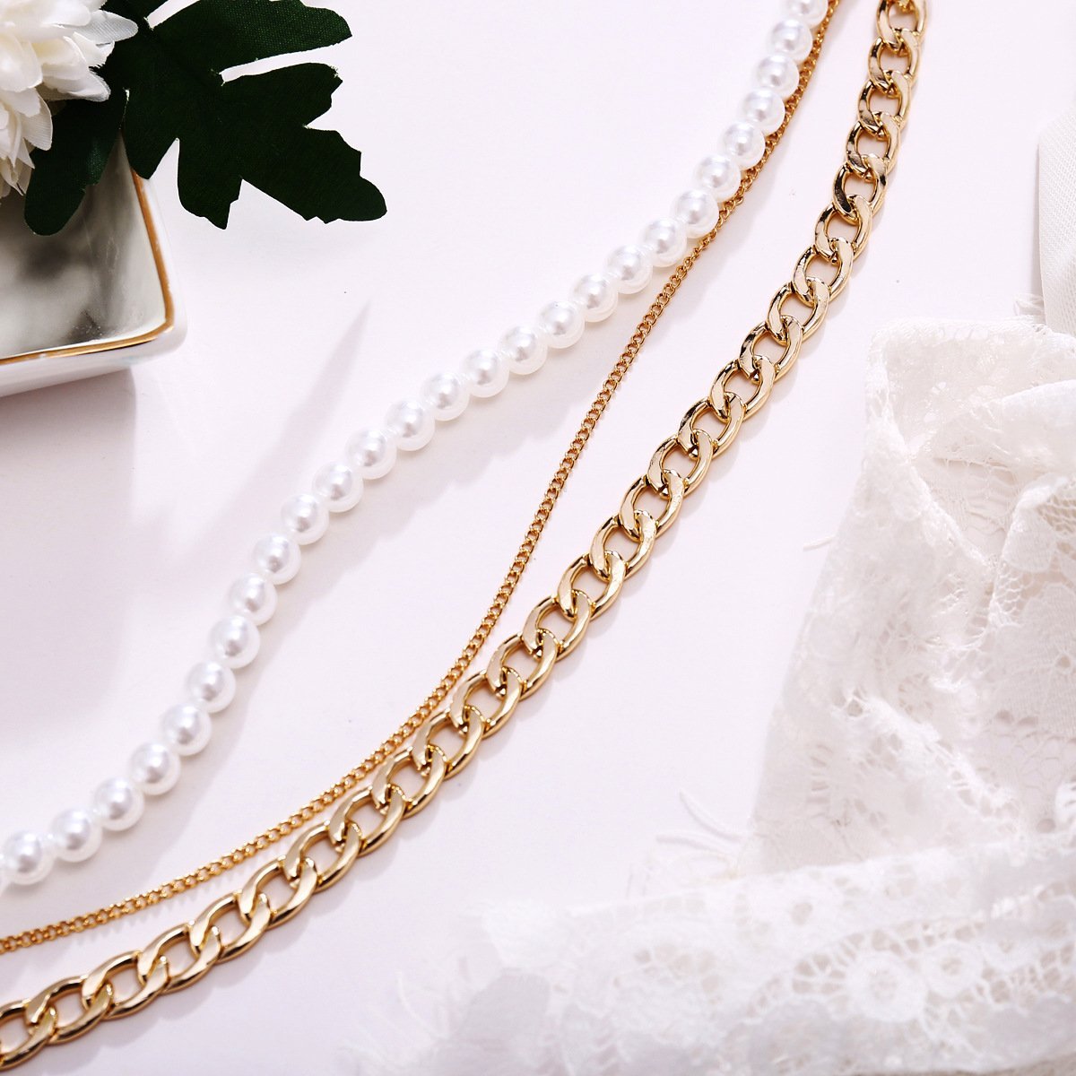 Pearl and Curb 3 Piece Layer Goldtone Necklace in Goldtone ITALY Design