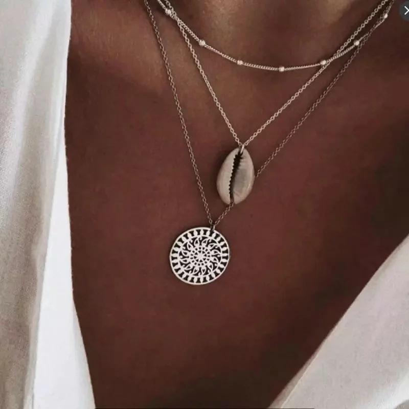 Bohemian and Shell 3 Piece Layer Goldtone Necklace in Goldtone ITALY Design