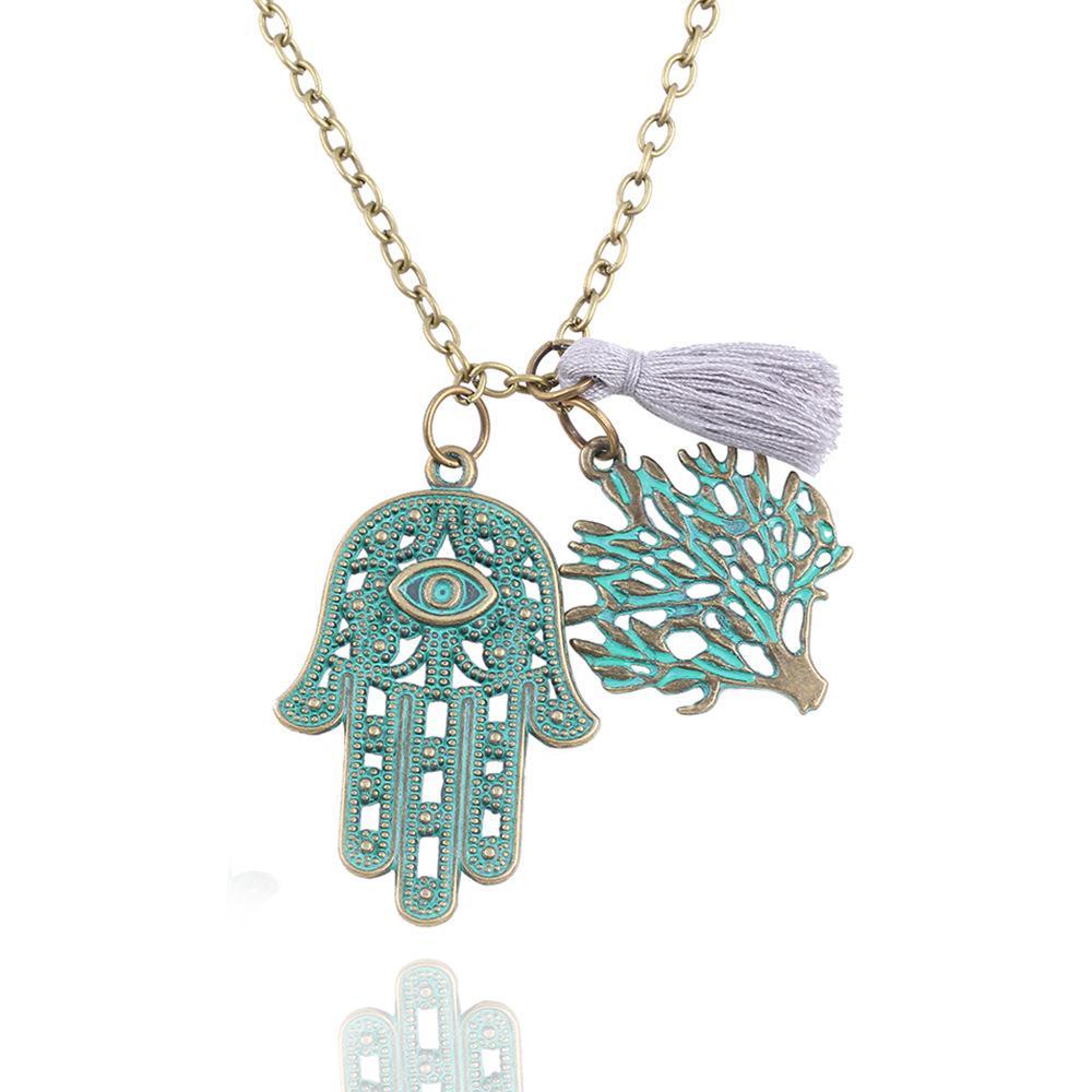 Hamsa Tree of Life Tassell Goldtone Necklace in Goldtone ITALY Design