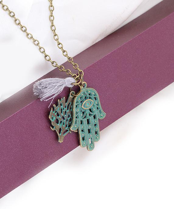 Hamsa Tree of Life Tassell Goldtone Necklace in Goldtone ITALY Design