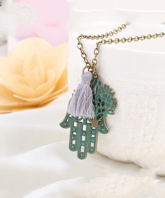 Hamsa Tree of Life Tassell Goldtone Necklace in Goldtone ITALY Design