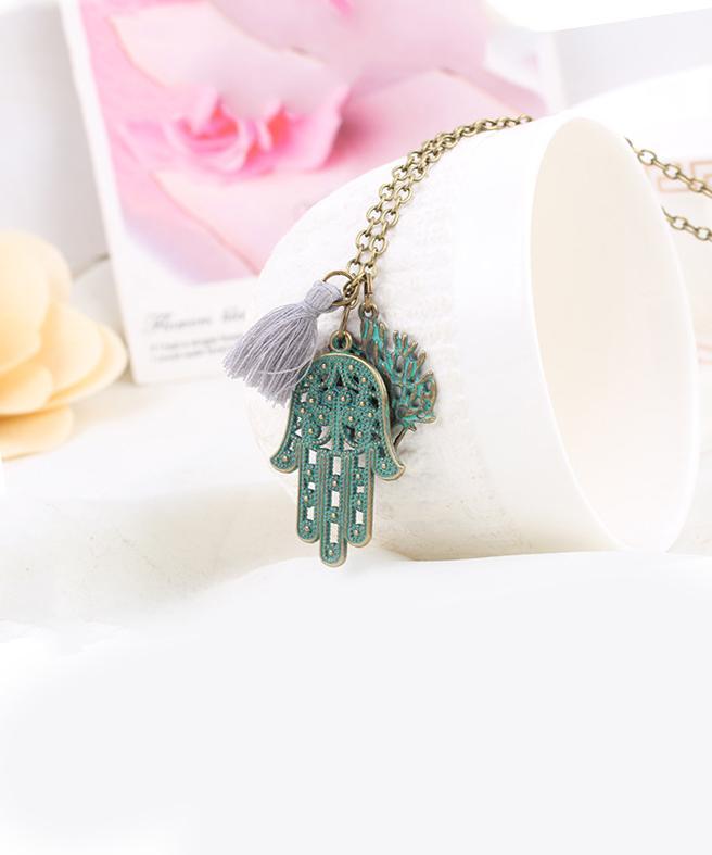 Hamsa Tree of Life Tassell Goldtone Necklace in Goldtone ITALY Design