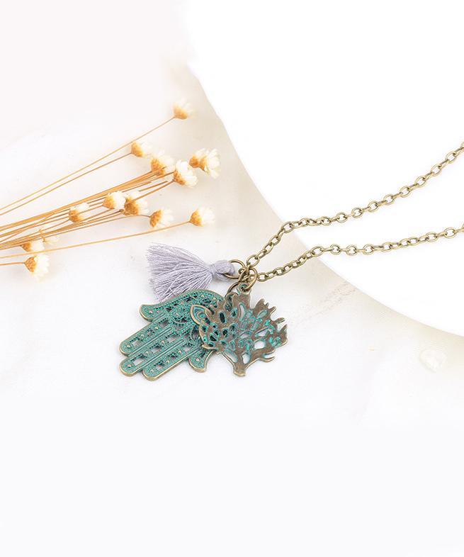 Hamsa Tree of Life Tassell Goldtone Necklace in Goldtone ITALY Design