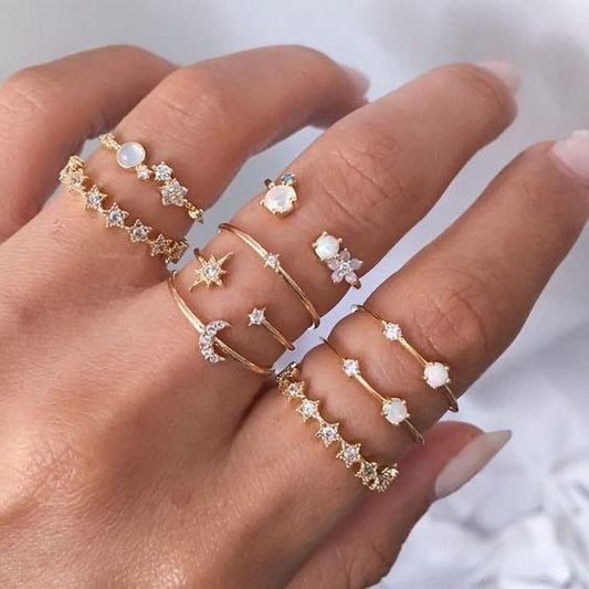 9 Piece Celestial Ring Set With Luxe Crystals Goldtone Ring Set in Goldtone ITALY Design