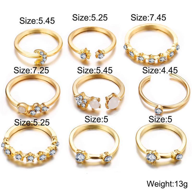 9 Piece Celestial Ring Set With Gemstone  Crystals Goldtone Ring Set