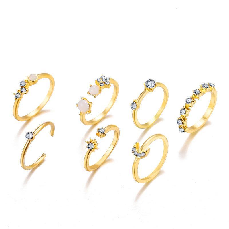 9 Piece Celestial Ring Set With Gemstone  Crystals Goldtone Ring Set