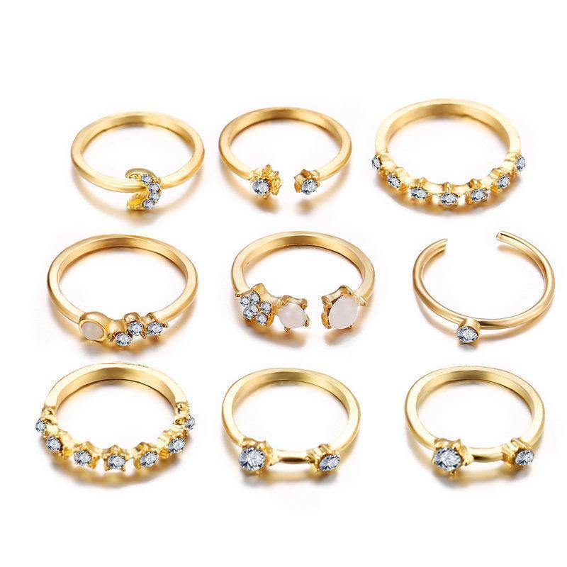 9 Piece Celestial Ring Set With Gemstone  Crystals Goldtone Ring Set