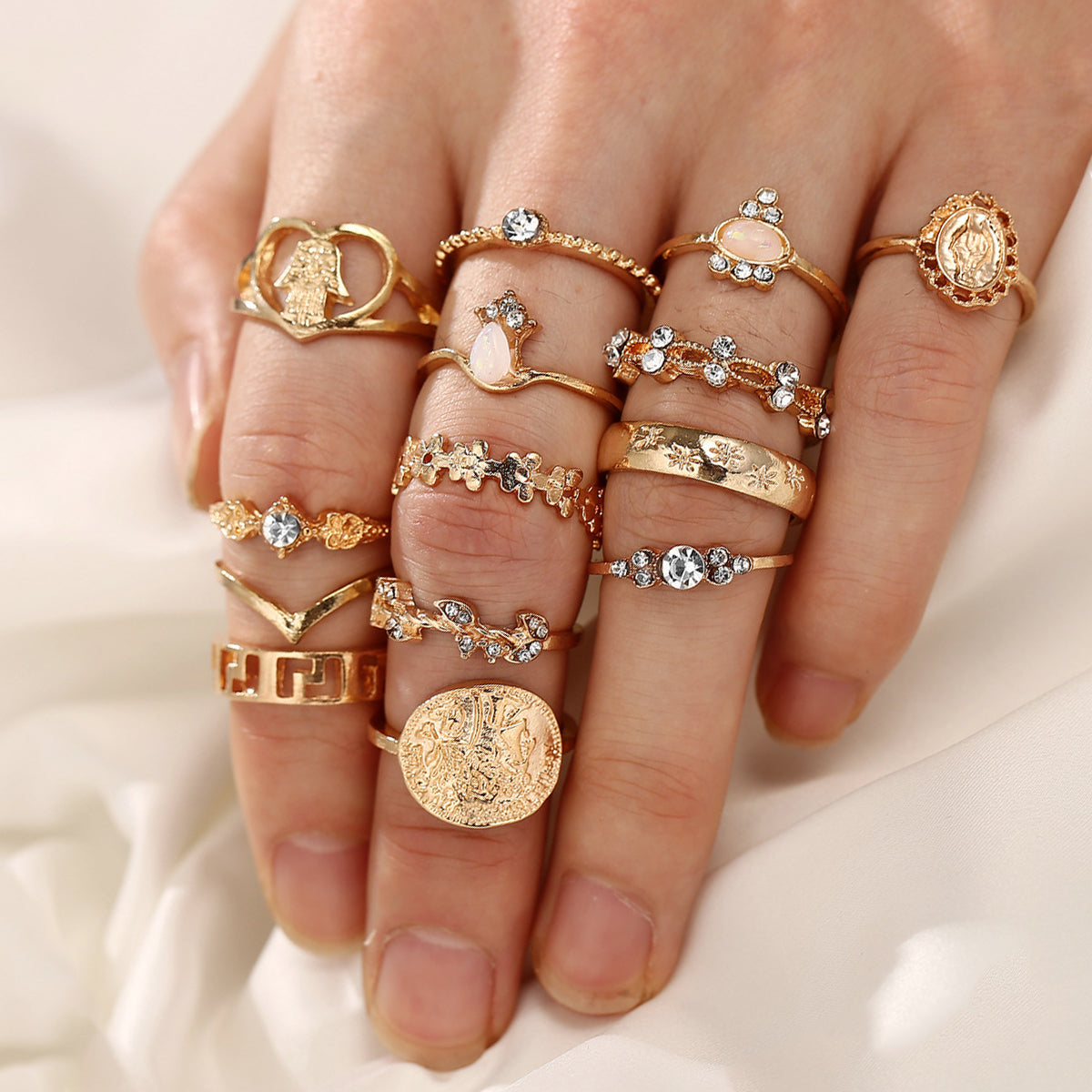 11-Piece Minimalist Bohemian Pav'e Ring Set in Goldtone Tone