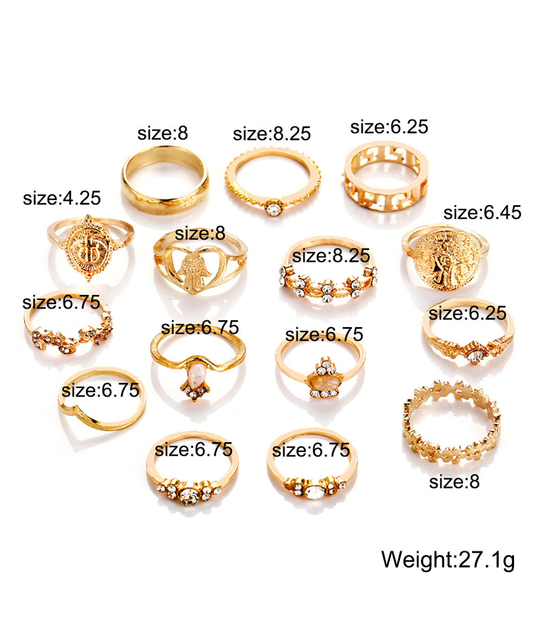 11-Piece Minimalist Bohemian Pav'e Ring Set in Goldtone Tone