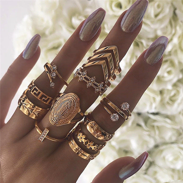 13 Piece Medallion Ring Set With Crystals Goldtone Ring in Goldtone