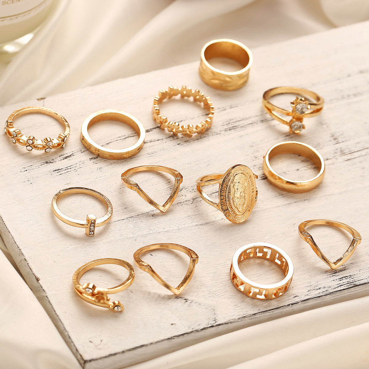 13 Piece Medallion Ring Set With Crystals Goldtone Ring in Goldtone