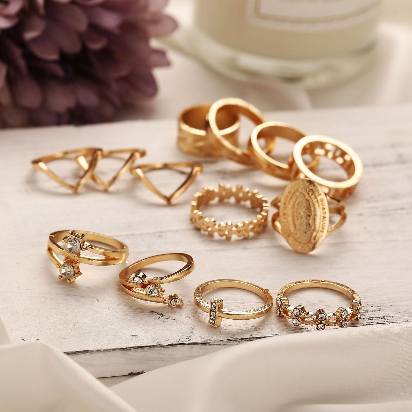 13 Piece Medallion Ring Set With Crystals Goldtone Ring in Goldtone