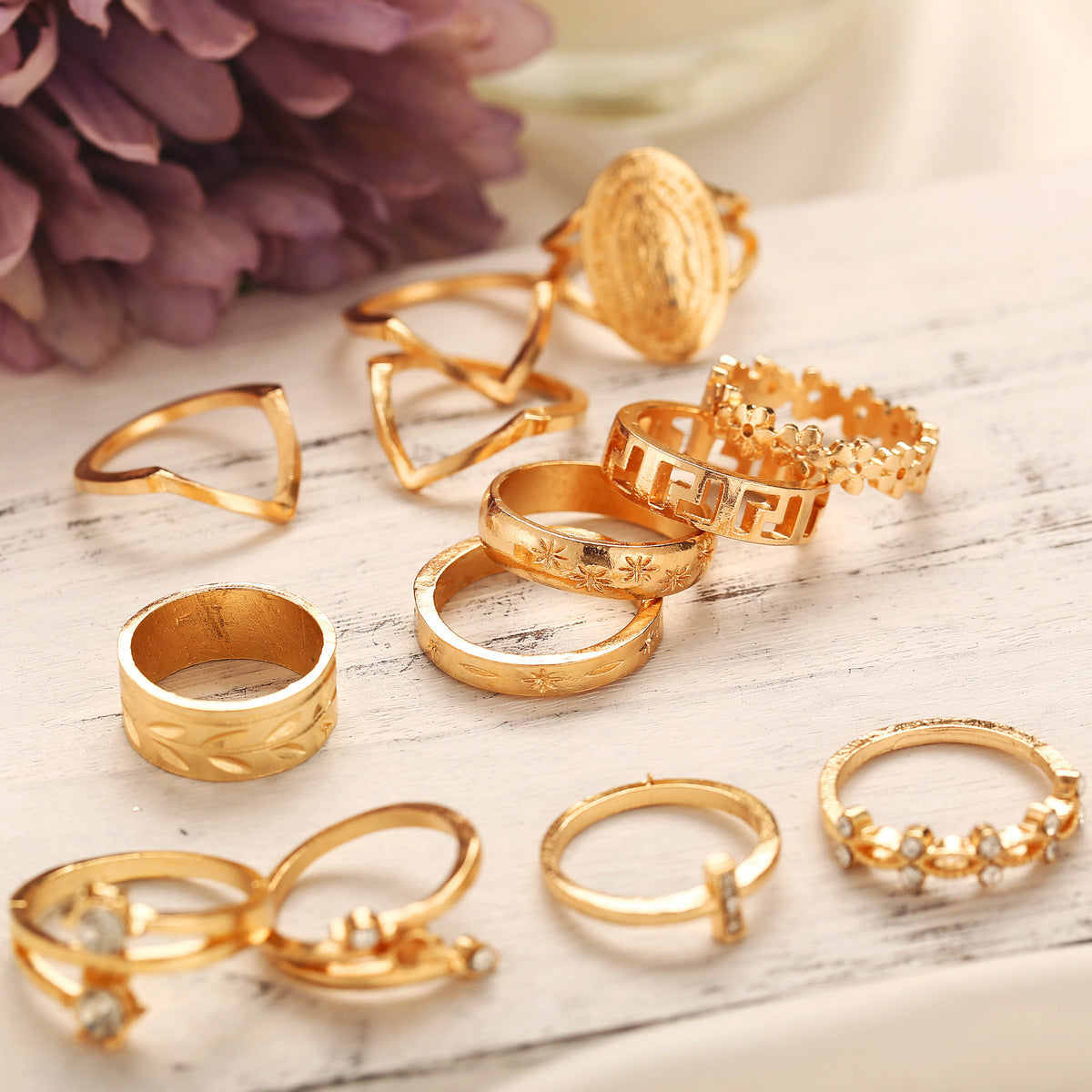 13 Piece Medallion Ring Set With Crystals Goldtone Ring in Goldtone