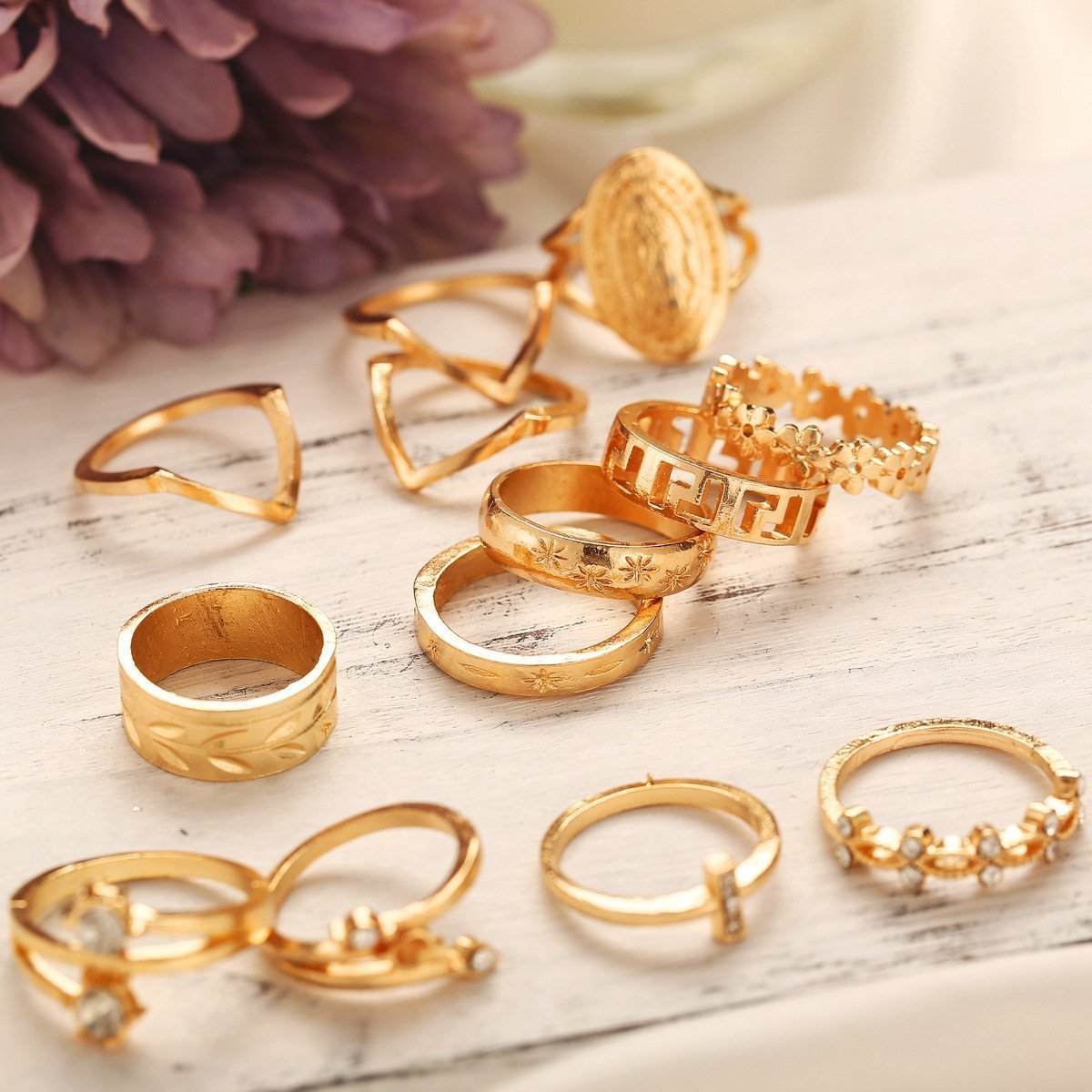 13 Piece Medallion Ring Set With Gemstone  Crystals Goldtone Ring
