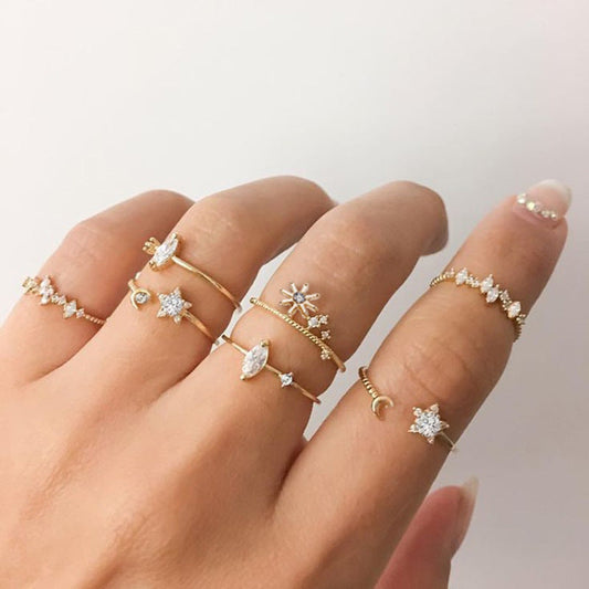 5 Piece Stars Ring Set With Crystals Goldtone Ring in Goldtone