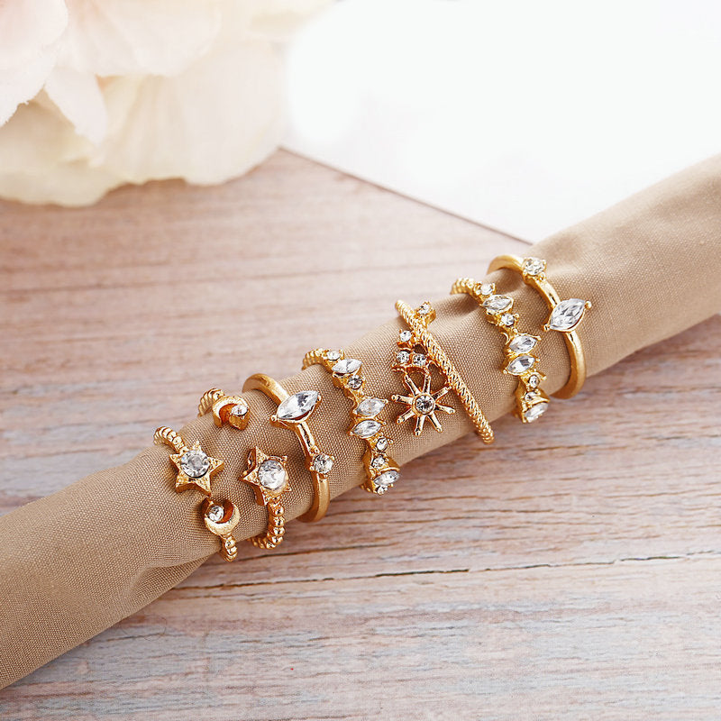 11-Piece Minimalist Bohemian Pav'e Ring Set in Goldtone Tone