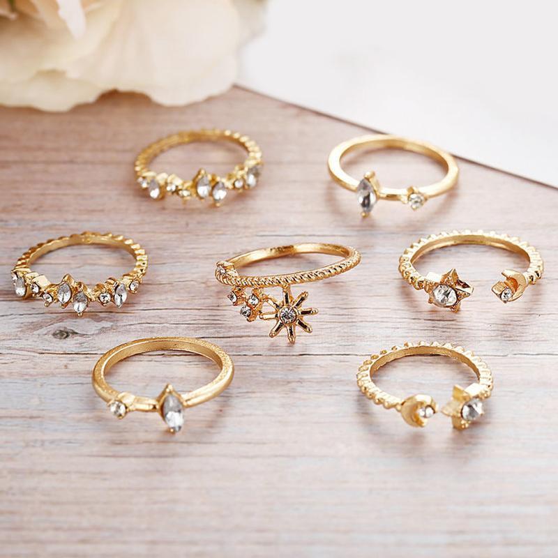 5 Piece Stars Ring Set With Gemstone  Crystals Goldtone Ring