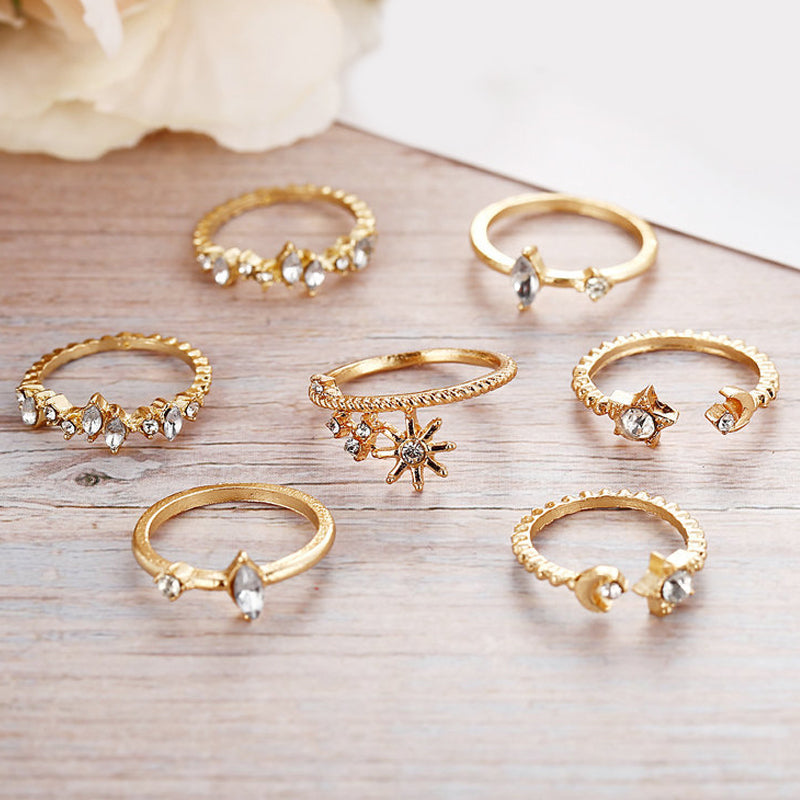 11-Piece Minimalist Bohemian Pav'e Ring Set in Goldtone Tone