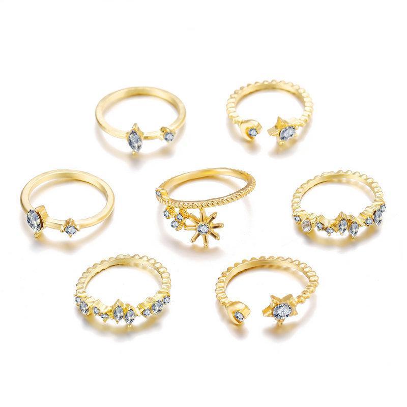 5 Piece Stars Ring Set With Gemstone  Crystals Goldtone Ring