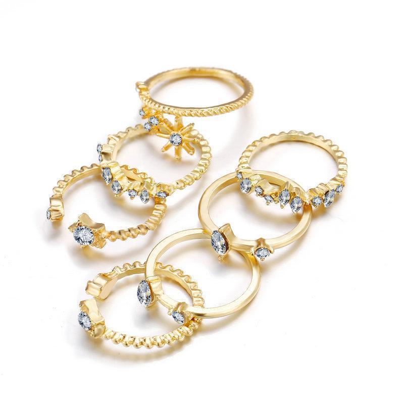 5 Piece Stars Ring Set With Gemstone  Crystals Goldtone Ring