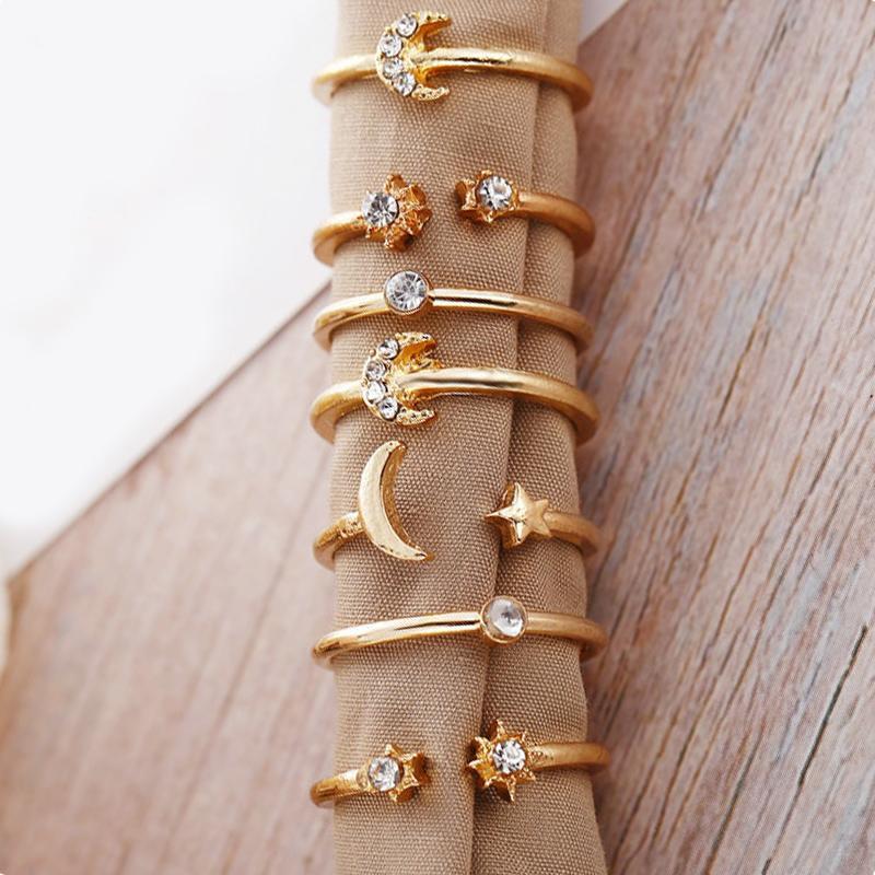 7 Piece Moon & Stars Ring Set With Gemstone  Crystals Goldtone Ring
