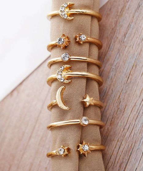 11-Piece Minimalist Bohemian Pav'e Ring Set in Goldtone Tone
