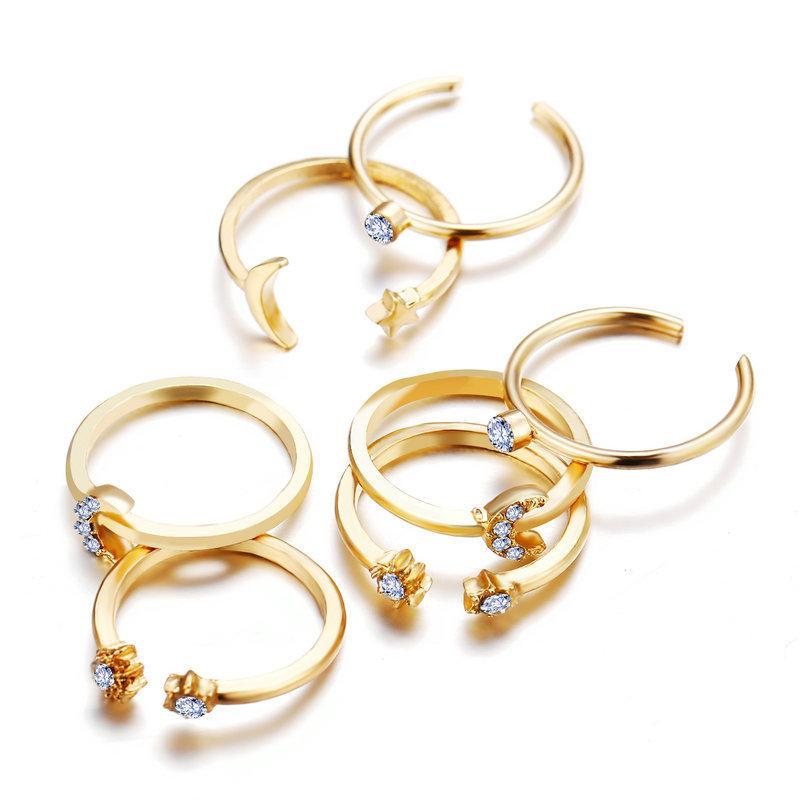 7 Piece Moon & Stars Ring Set With Luxe Crystals Goldtone Ring in Goldtone ITALY Design
