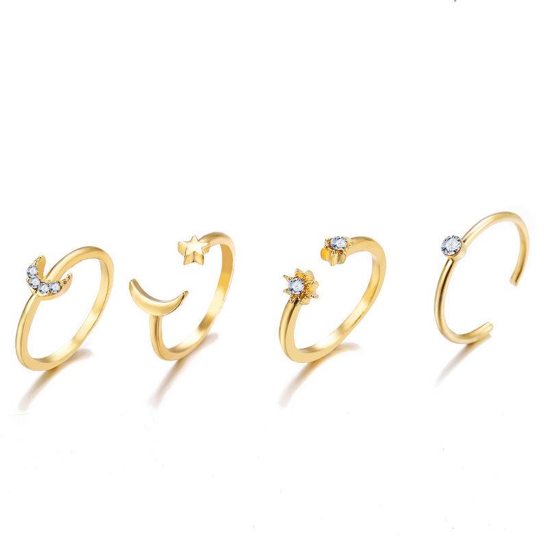 7 Piece Moon & Stars Ring Set With Gemstone  Crystals Goldtone Ring