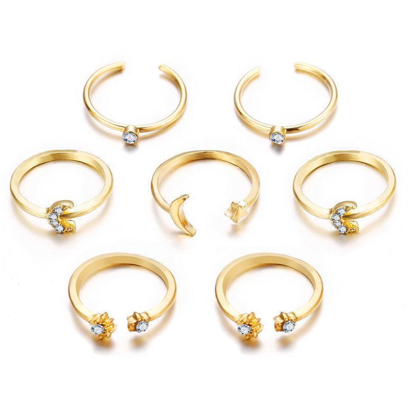 7 Piece Moon & Stars Ring Set With Gemstone  Crystals Goldtone Ring
