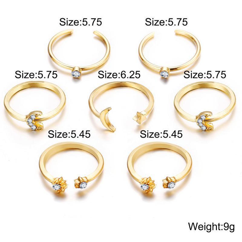 7 Piece Moon & Stars Ring Set With Luxe Crystals Goldtone Ring in Goldtone ITALY Design