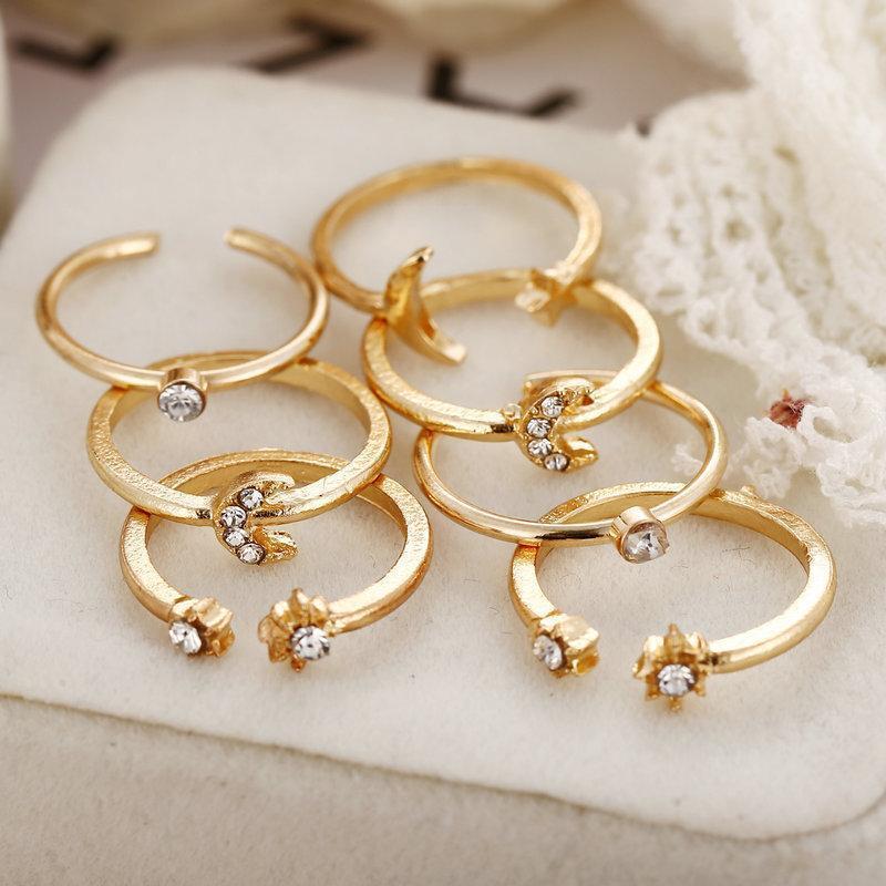 7 Piece Moon & Stars Ring Set With Gemstone  Crystals Goldtone Ring