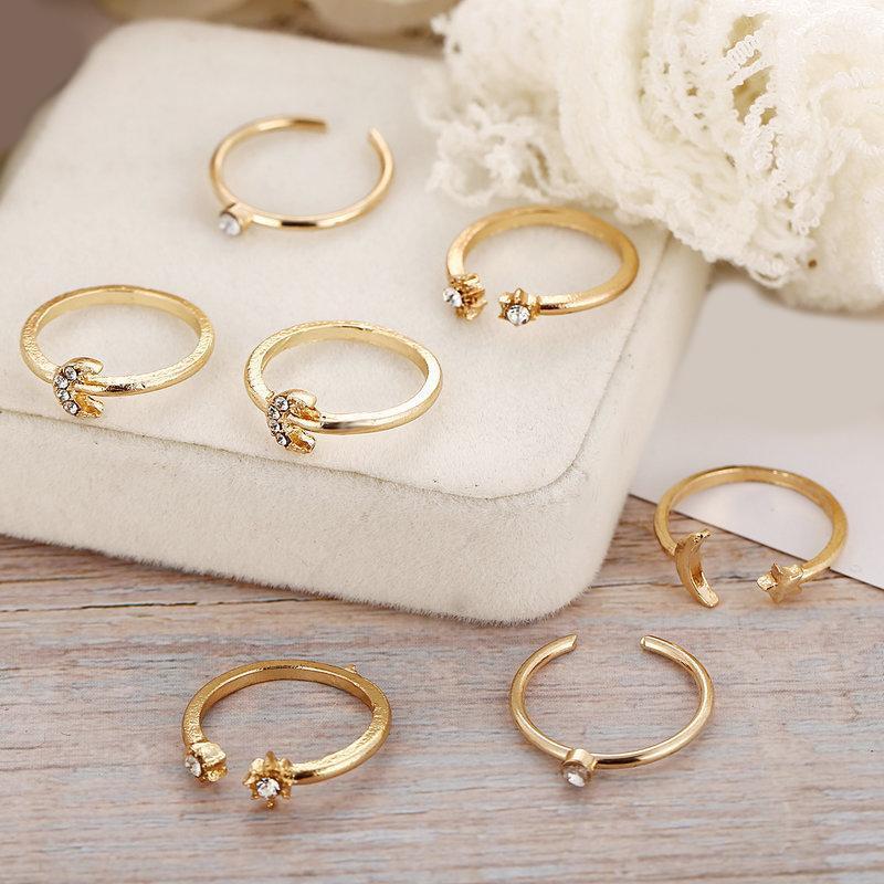 7 Piece Moon & Stars Ring Set With Gemstone  Crystals Goldtone Ring