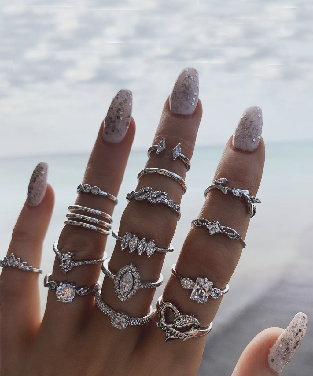 11-Piece Minimalist Bohemian Pav'e Ring Set in Goldtone Tone