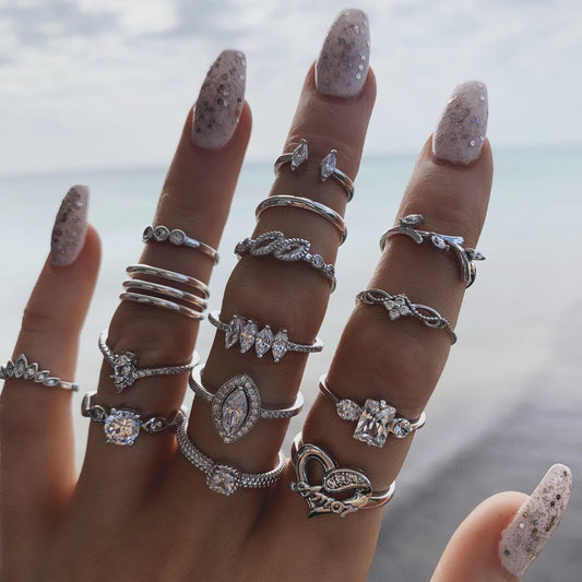 15 Piece Halo Pave Ring Set With Gemstone  Crystals  Silvertone Ring 